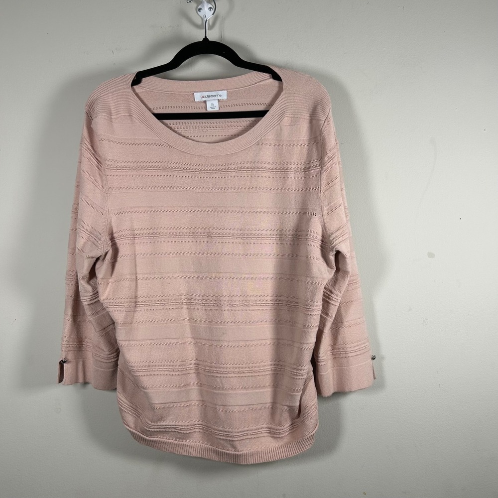 Liz Claiborne Knit Top Women XL Pink Ruched Side Textured Stripe 3/4 Sleeve